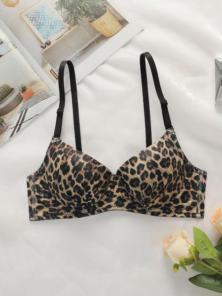 BRA MULHERM BRA SEXY com estampa de leopardo e anel de aço de aço, cobertura completa de roupas íntimas