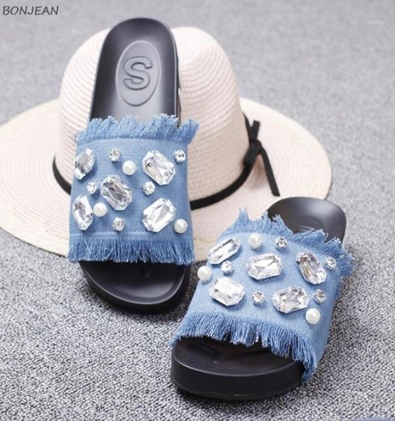 Jeans di cristallo di lusso estivo Flip Flops Women Big Rhinestone Pearl Platform Ladies Scarpe Sliper in denim19327313