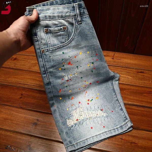 Erkek kot pantolon kırık delik tasarımı denim şort yaz2024 elastik ince uyumlu moda moda genç beşinci pantolon