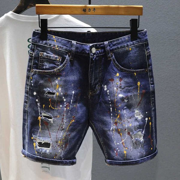 Herren Shorts Herren Mode Graffiti Denim Shorts Sommer Dünne Straße Sprühfarbe Tränenlochhosen Personalisierte Jugendshorts Bermuda J240507