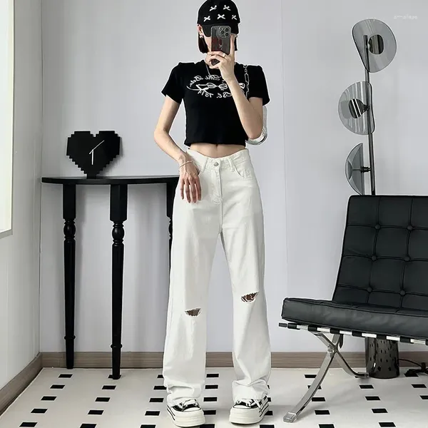 Jeans femminile bianco strappato da donna fidanzata gamba dritta pantaloni in denim streetwear estate 2024