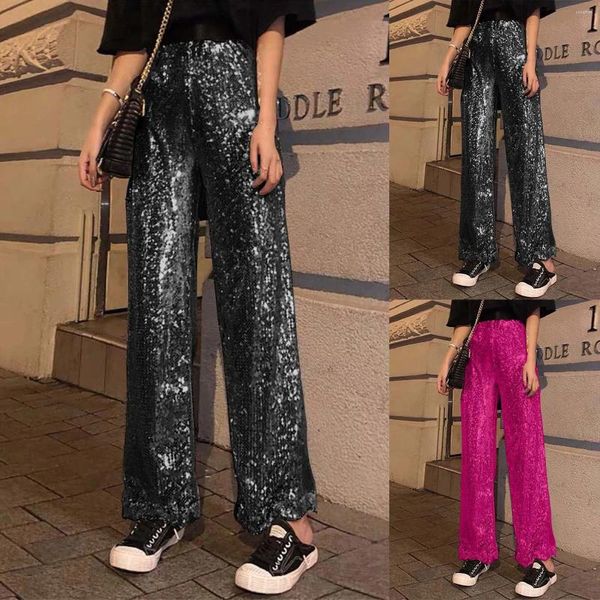 Pantaloni da donna 2024 pailla glitter in sequenza alta in vita ad alta moda femminile streetwear pantaloni scintillanti