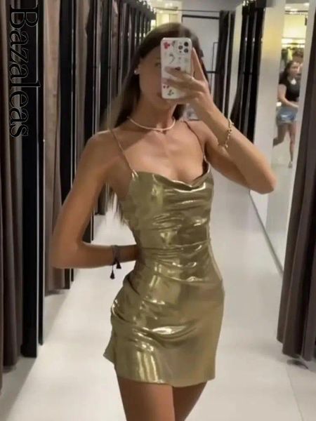 Sıradan Elbiseler 2024 Bazaleas Mağazası Parlatıcı Altın Kadınlar Resmi Partisi Bodycon Tek Parça Elbise Seksi Spagetti Kayışları Lady