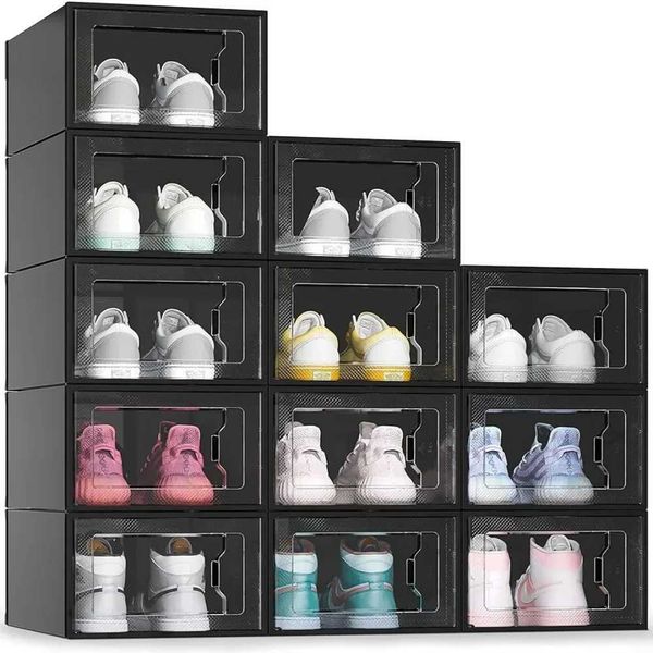 Depolama kutuları kutular 12 Paket Ayakkabı Saklama Kutusu Siyah Plastik İstiflenebilir Dolap Yöneticisi Q240506