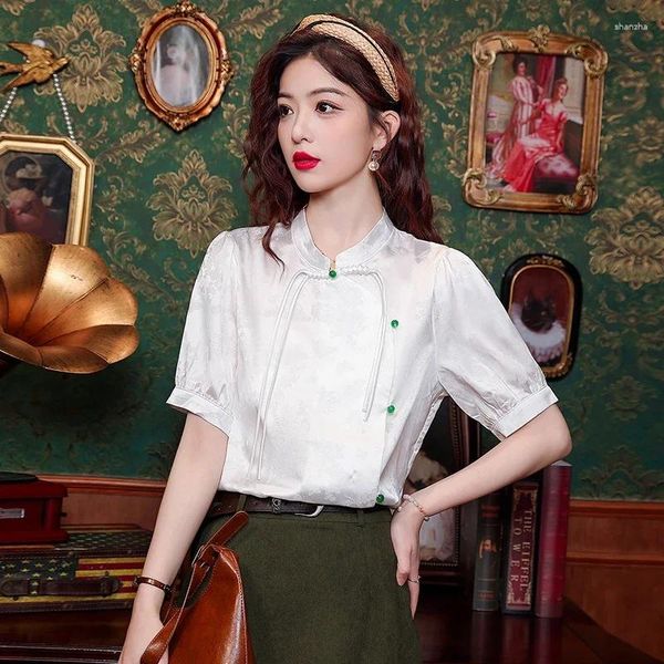 Blusas femininas cetim camisa vintage de seda de seda chinesa manga curta slim tops stand moda moda ycmyunyan