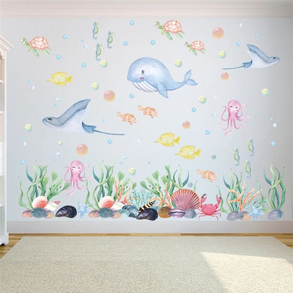 Adesivos peixes de desenhos animados selaife bolha de parede adesivos para garotas banheiro decoração doméstica Diy Ocean cenário mural Arte PVC Decals Poster