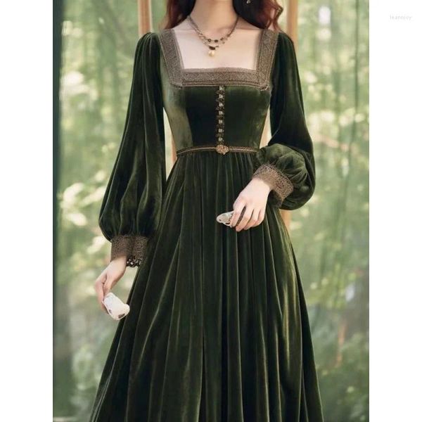 Vestidos casuais 2024 Autumn Green Vintage Velvet Dress Women Fashion Evening Party Maxi Ladies Manga Longa Elegante colete feminino