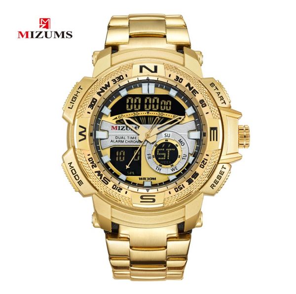 Mizums Military Handgelenk Uhren LED Digital Sport Watch Men Gold Edelstahlband Dual Time Quarzuhr Man Waterdes -Dose Relogio 3997775