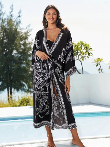 Стильное отпечатное открытое спереди для самостоятельного пояса Kimono Summer Women Женское пляжное платье для отдыха для купания пляжного костюма Q1512