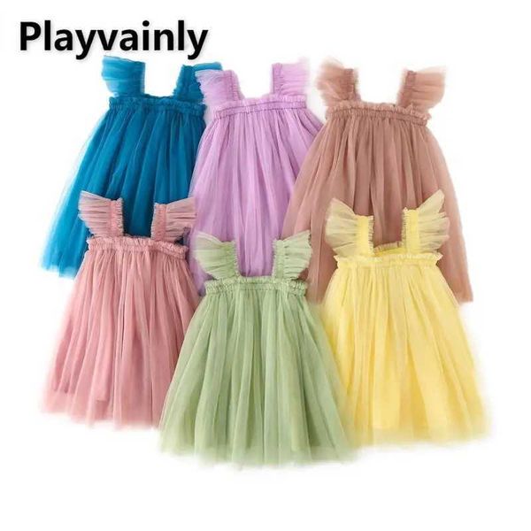 Mädchenkleider Sommerkleid für kleine Mädchen Schlinge ärmellose Quadratkragen gelb lila rosa blaugrüne Maschen Prinzessin Kinderkleidung H240507