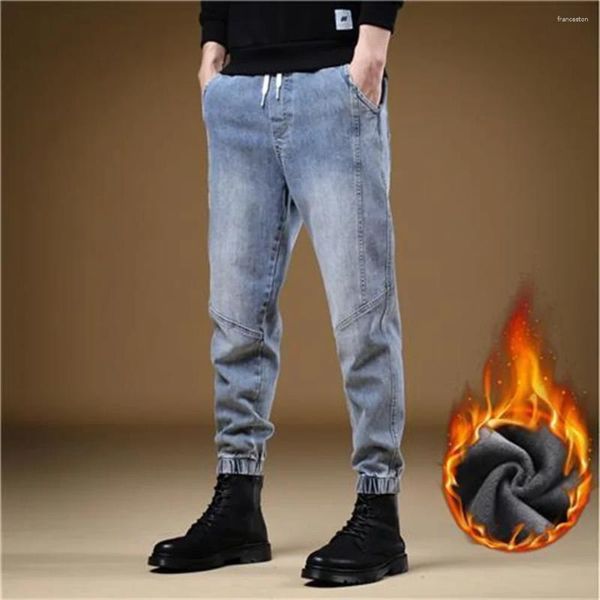 Мужские джинсы Зимние мужские брюки Черный синий растяжение толстые бархатные бархатные гарем теплые джинсовые брюки.
