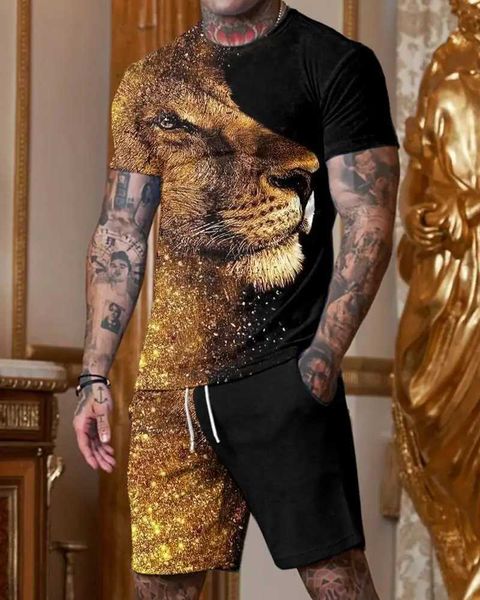 Traccetti da uomo Summer Men Set Animal Lion 3D Stampato a maglietta oversize Pantaloni corti 2 pezzi abiti casual abiti stilista uomo abbigliamento t240505