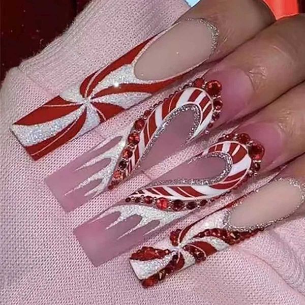 False unhas presentes de natal unhas falsas desenhos de fita de strass vermelho glitter patch de unhas de unhas falsas Balé de caixão longo