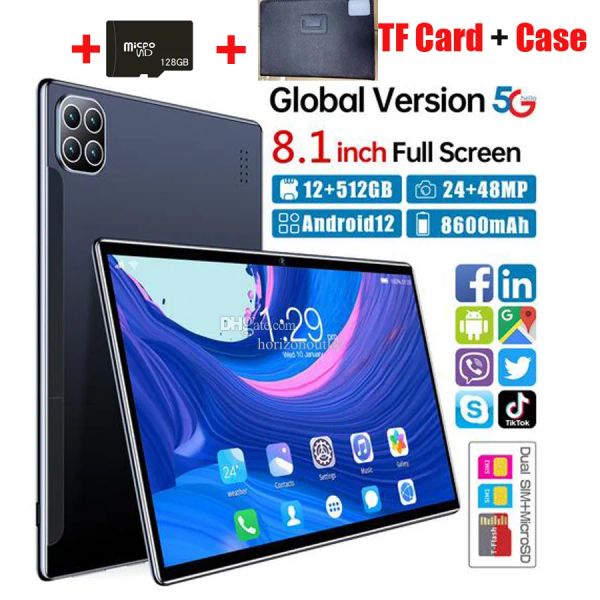 PC 8,1 pollici 10 core 12 GB+256 GB ANDROID 12 Tablet WiFi PC 8600MAH batteria Dual Sim Doppia fotocamera Bluetooth 4G 5G Chiamata Smart Telet