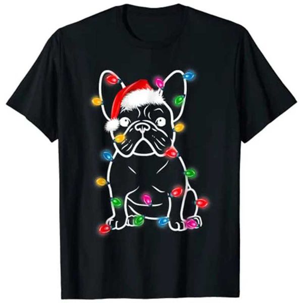 Damen T-Shirt Lustige französische Bulldogge Hunde Baum Weihnachtslichter Weihnachts-Pyjama-T-Shirt Tops D240507