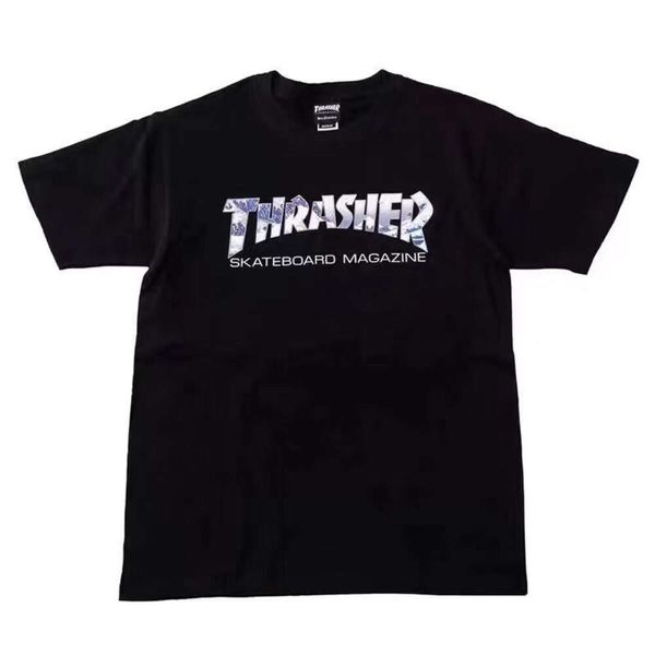 Thrasher T-Shirt Tasarımcı Tee Lüks Moda Erkek Tshirts Flame Branch Wave gevşek ve rahat gündelik kısa kollu gök mavisi