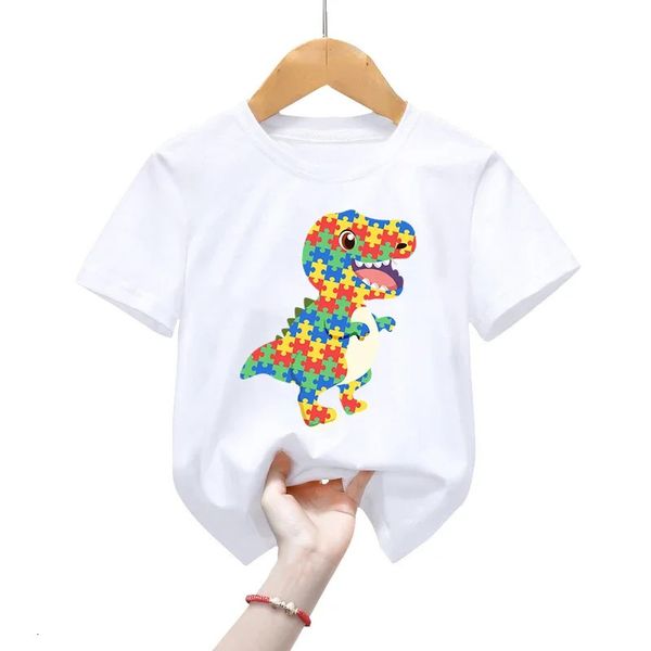 Consapevolezza dell'autismo magliette per bambini abbigliamento a maniche corta color animale color mosaico dinosauri tops boys girls casual moda 240416