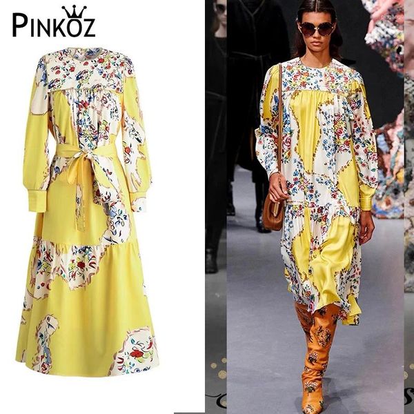 Abiti casual Pinkoz Vintage Runway Designer O-Neck Spring Maxi Dress Sheshes giallo Floral Stamped Holiday Boho Femme Vestidos Fashion