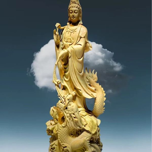 Sculture in legno naturale Drago di guanyin Buddha Statue, tradizionale figure buddiste cinesi fatte a mano Figure da casa