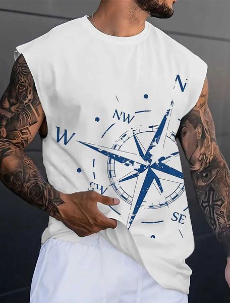 Мужские танк -топы мужская рубашка для рубашки Графическое компас o Nece 3D Outdoor Strt Slveless Printed Clothing Sports Fitnes