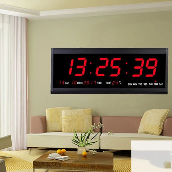 Uhren 17 Zoll digitaler LED -Bildschirm Projektion Wanduhr Zeitkalender mit Innenthermometer 24H Displaytage/Monat/Jahr EU/US -Stecker