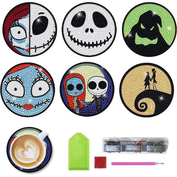 Stich 6pcs DIY Cool Cartoon Jack Schädel Diamant Malerei Coaster Kit Holzkissen Kissen Nonslip Tisch Tischemat Isolationspad