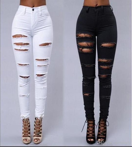 High Street Women Skinny Jeans sexy zerrissene Haut enge Jeans Modes Schwarz -Weiß -Bleistift Denim Pants275C6335327