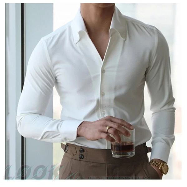 Мужская итальянская рубашка -воротника морщина бесплатно модная модная стройная подходящая для бренда отворотов, юная 240425