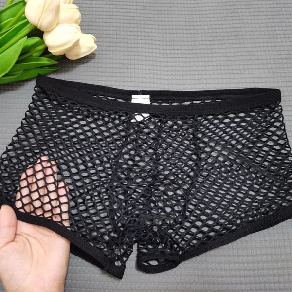 Big Fishnet Rouphe Men Boxer Shorts grande malha Hole sexy u convexo calcinha totalmente transparente PLUS TAMANHA M-XXL 240506