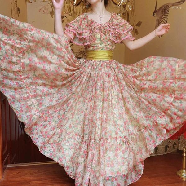 Partykleider Sommer Vintage Print Blume Organza Frau Retro Französischer Stil Schmetterlingsschläfe Romantische Prinzessin Vestido Festa