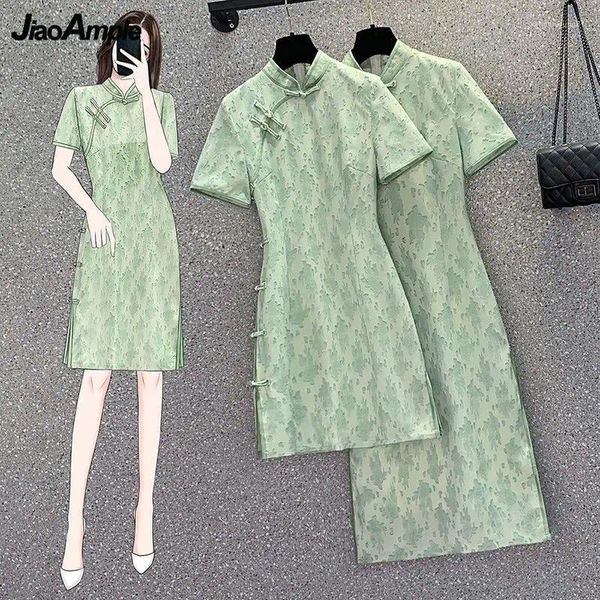 Vestidos de festa Vestido de verão feminino estilo chinês Green Green Cheongsam 2024 Lady elegante botão de manga curta roupas de moda