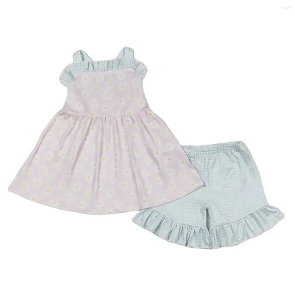 Set di abbigliamento all'ingrosso per bambini senza maniche floreali tunica rosa per bambini cortometraggi per bambini set di fiori per bambini bambini estiva due pezzi