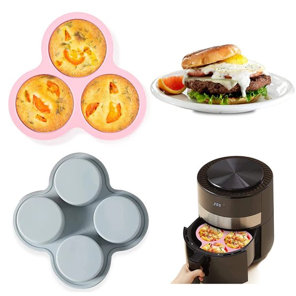 Formen 3/4Cavitation Luft Fritteuchter Eierform runde Form Cupcake Nicht -Stick Silikon Muffin Hamburger Brötchen Kochschimmelpack Backzubehör