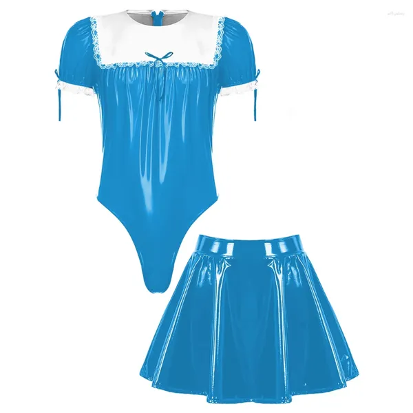 Arbeitskleider Wetlook PVC Herren Sissy 2-Stück-Set Maid Kostüm Kurzpuffarmbodysuit mit hoher Taille A-Line-Miniröge Cosplay Clubwear