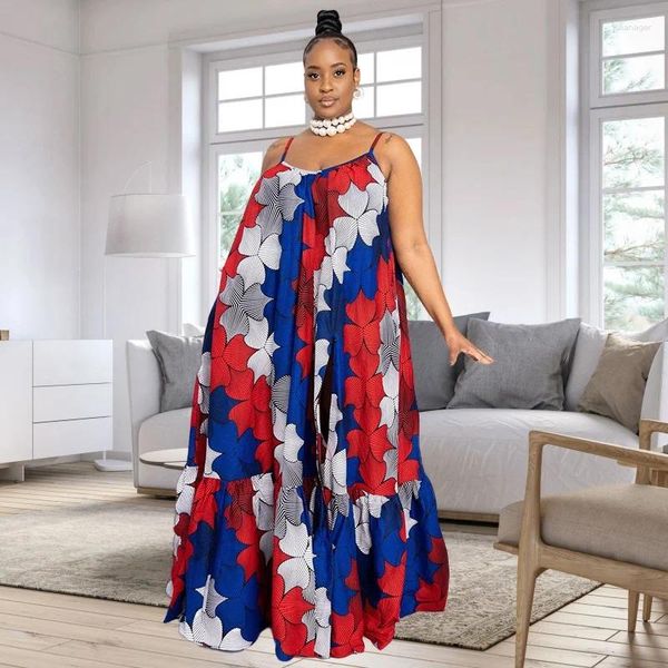 Sıradan Elbiseler L-4XL 2024 İlkbahar Yaz artı Beden Dresse Afrikalı Kadın Giyim Yular Baskı Bölünmüş Gevşek Plaj Seksi Maxi Elbise