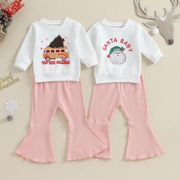 Roupas conjuntos de roupas para crianças meninas 2 peças roupas de Natal Papai Noel Papains de manga longa Sorto e calças elásticas
