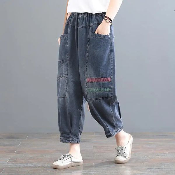 Chegada de verão Mulheres de bolso de bolso de retalhos de tornozelo calças elásticas da cintura solta jeans de jeans de harém de algodão solto D338 240430