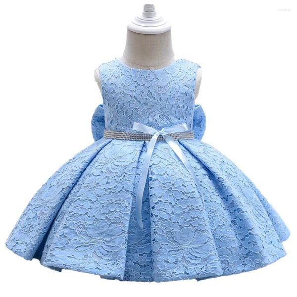 Mädchenkleider Yoliyolei süße Bogenblaue Kinder Kleidung Spitze Blume 1st Geburtstag Kleinkind Baby Sommerkleid mit Baumwollfutter Satingürtel