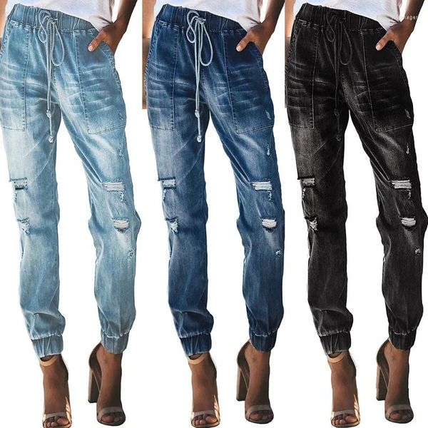 Jeans femminile pantaloni punk sciolti da donna con cough -string con la fascia elastica 2024 cotone streetwear lavato casual full long lunghezza