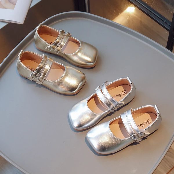 Meninas Mary Janes Banda estreita Banda Gold Shot Light Sapatos planos 26-36 Elegante Partido Faciável Faciável Spring Kids Shoe 240506