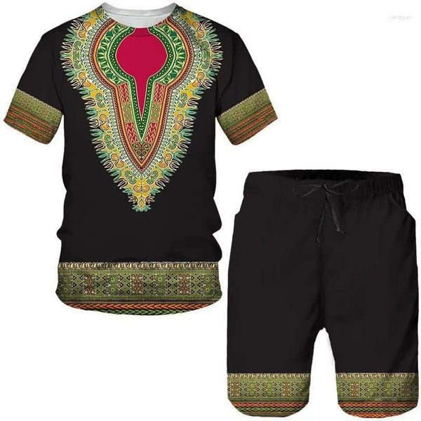 Erkek Trailtsits Yaz Afrika Dashiki Kültür Şortları Seti 3D Kabile Baskılı Kadınlar Kısa Kollu T-Shirt Unisex Sport