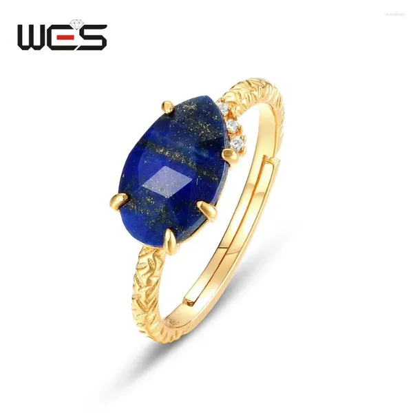 Cluster Rings Wes Natural Lapis Lazuli 925 Стерлинговое серебро регулируемое открытое кольцо для женщин с золоты