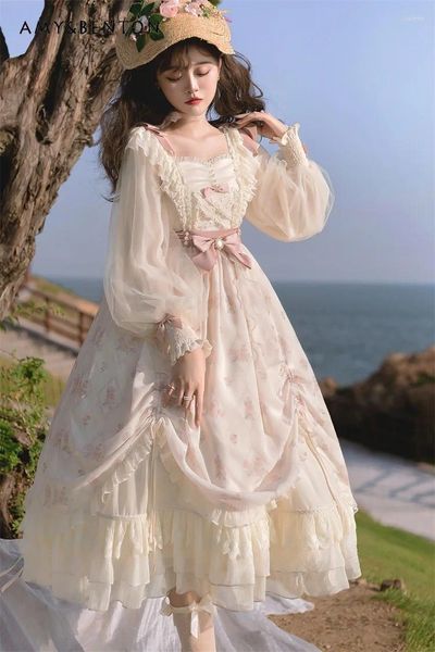 Lässige Kleider lolita op elegant süße süße gedruckte Bogen Laternenhülle Kleid hohe Taille schlanke Prinzessin trägerloser sexy Herbst