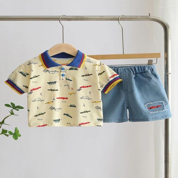 Set di abbigliamento 2 pezzi /moda s estate 2024 cartoni animati pickup per bambini jeans semplici /ragazzi