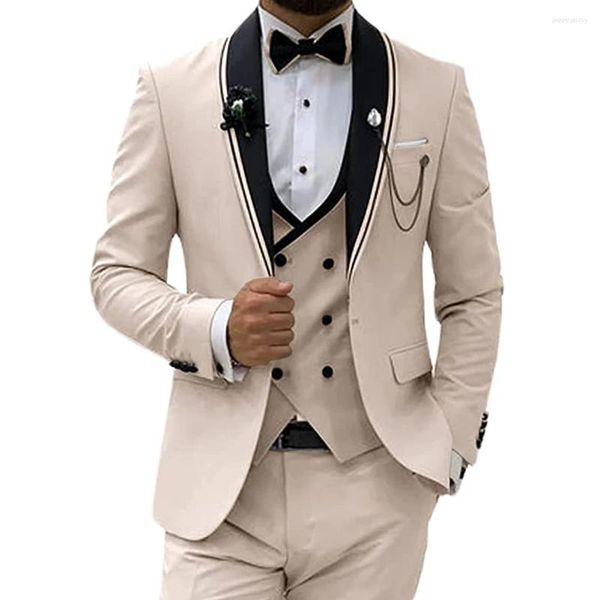 Ternos masculinos bege casual 3 peças Men 2024 Tuxedos do noivo para o conjunto de festas de baile de casamento (calças de colete de jaqueta)