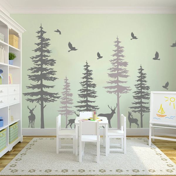 Aufkleber großer Kiefern Hirschhirsch Wand Aufkleber Büro Schlafsaal Raum Dschungel Waldhirschbaum Vögel Wandtastraum Schlafzimmer Kindergarten Vinyl Dekor