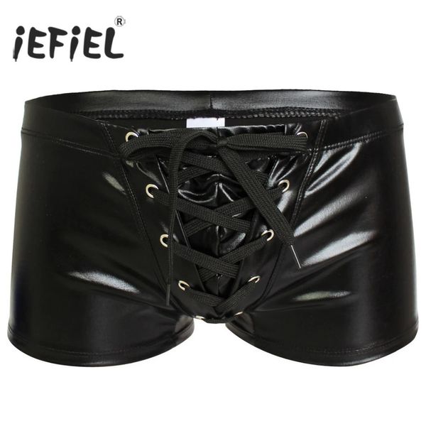 Iefiel sexy Männer Patent Leder Gay Hosen Latex Herren Badebekleidung Boxer Shorts Draw String Trunk Wetlook Badeanzug Dessous Unterwäsche 240506