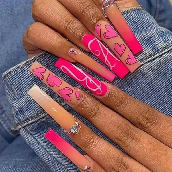 False unhas 24pcs unhas falsas de balé extra longa com strass acrílico de cabeça quadrada unhas falsas desenhos em forma de coração Pressione Pressione as unhas T240507