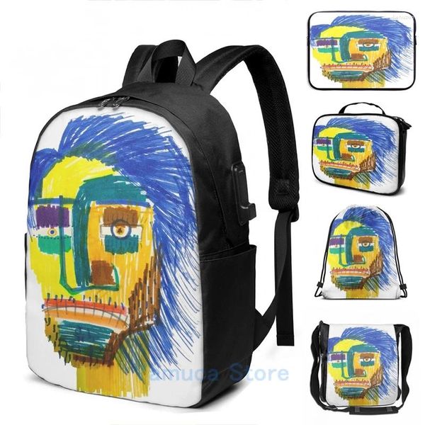 Backpack lustige Grafikdruckmarker Gesicht USB -Ladung Männer Schultaschen Frauen Taschen Reise Laptop