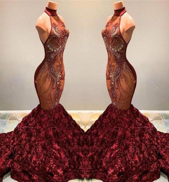 2022 Abiti di ballo di sirene africani Burgundy Burgundy Long High Lacking Ruffles Crystal Flowers Women Sexy Pageant Party Gowns 8391703